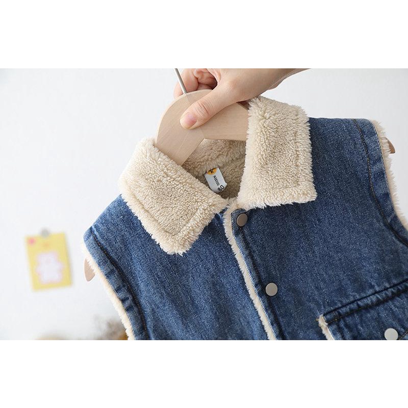 Áo Khoác denim Sát Nách Lót Lông Cừu Dày Dặn Giữ Ấm Mùa Đông Cho Bé Trai