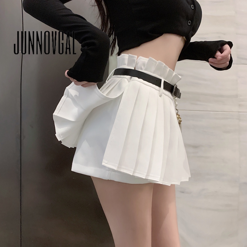 Chân váy nữ JUNNOVGAL xếp ly cạp cao phối thắt lưng thời trang mới 2023