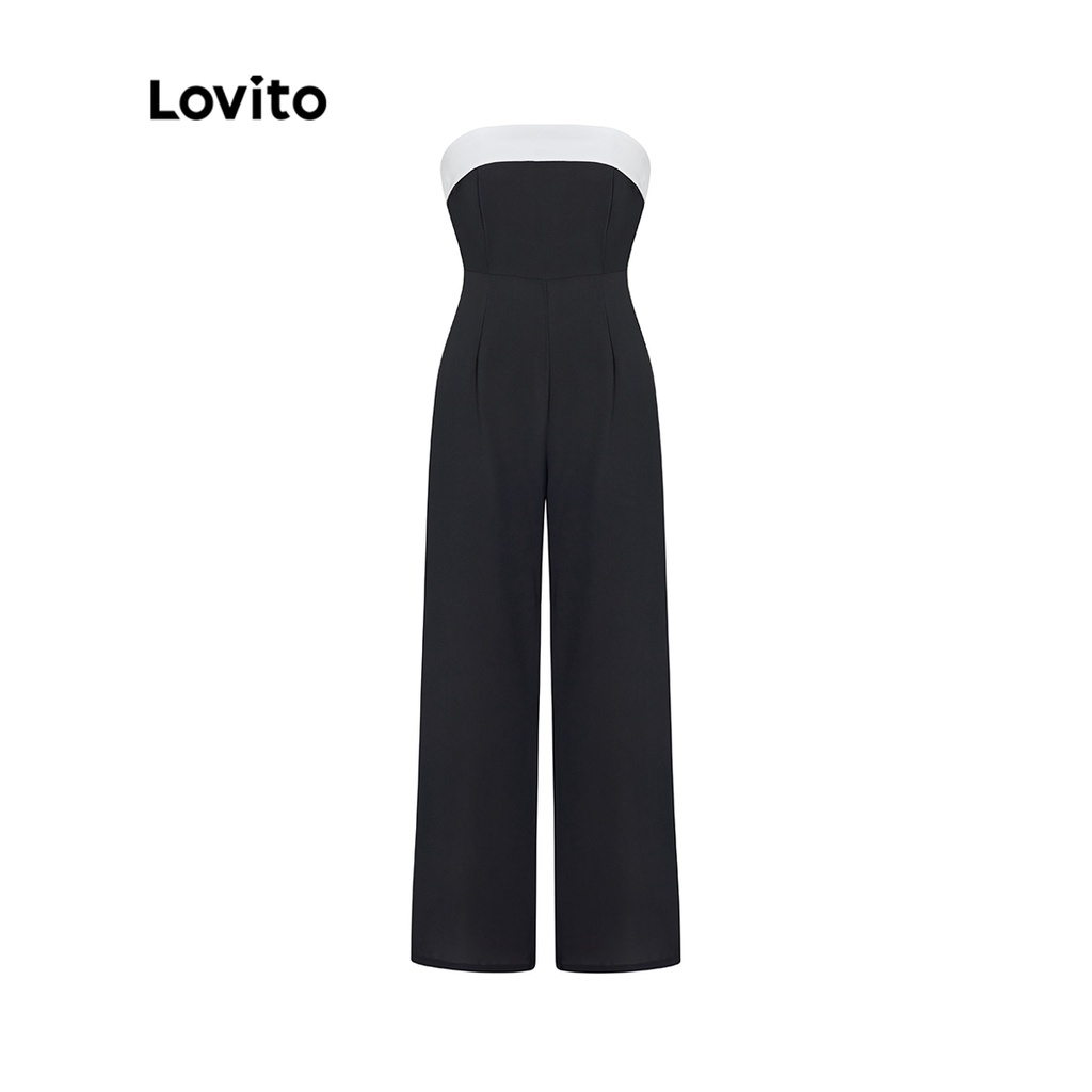Lovito Áo liền quần liền khối màu trơn xẻ phía trước đơn giản cho nữ L55AD069 (Đen)