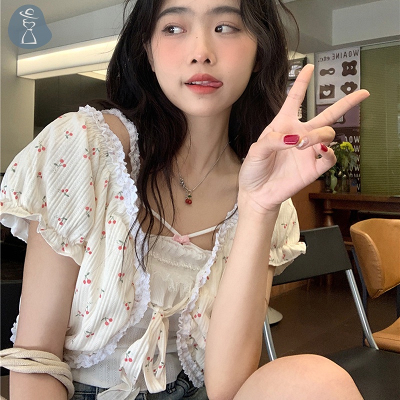 Áo Hai Dây Hở Lưng Phối Ren In Hoa Dễ Thương Ngọt Ngào Thời Trang Đi Biển Mùa Hè Cho Nữ