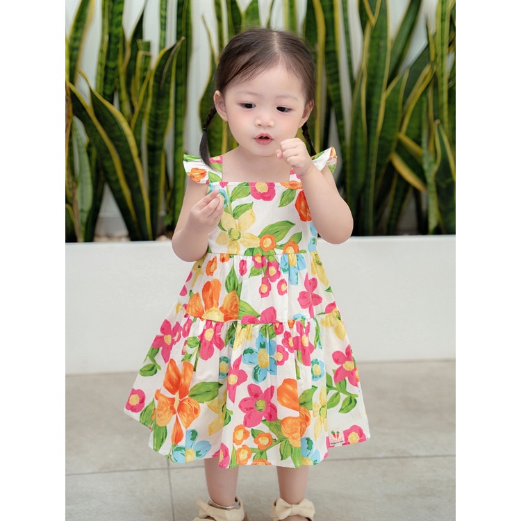 Váy Bé Gái CARROT Hai Dây Cánh Tiên, Họa Tiết Hoa Cam To, Chất Liệu Thô Cotton Thấm Hút Mồ Hôi Tốt