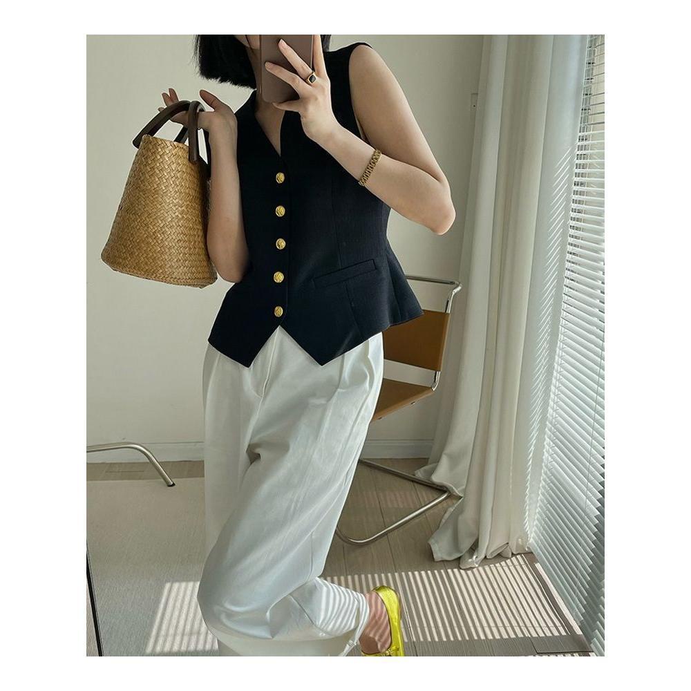 Áo Sát Nách Cổ Chữ v Màu Trơn Phong Cách vintage Thanh Lịch Thời Trang Mùa Hè Cho Nữ