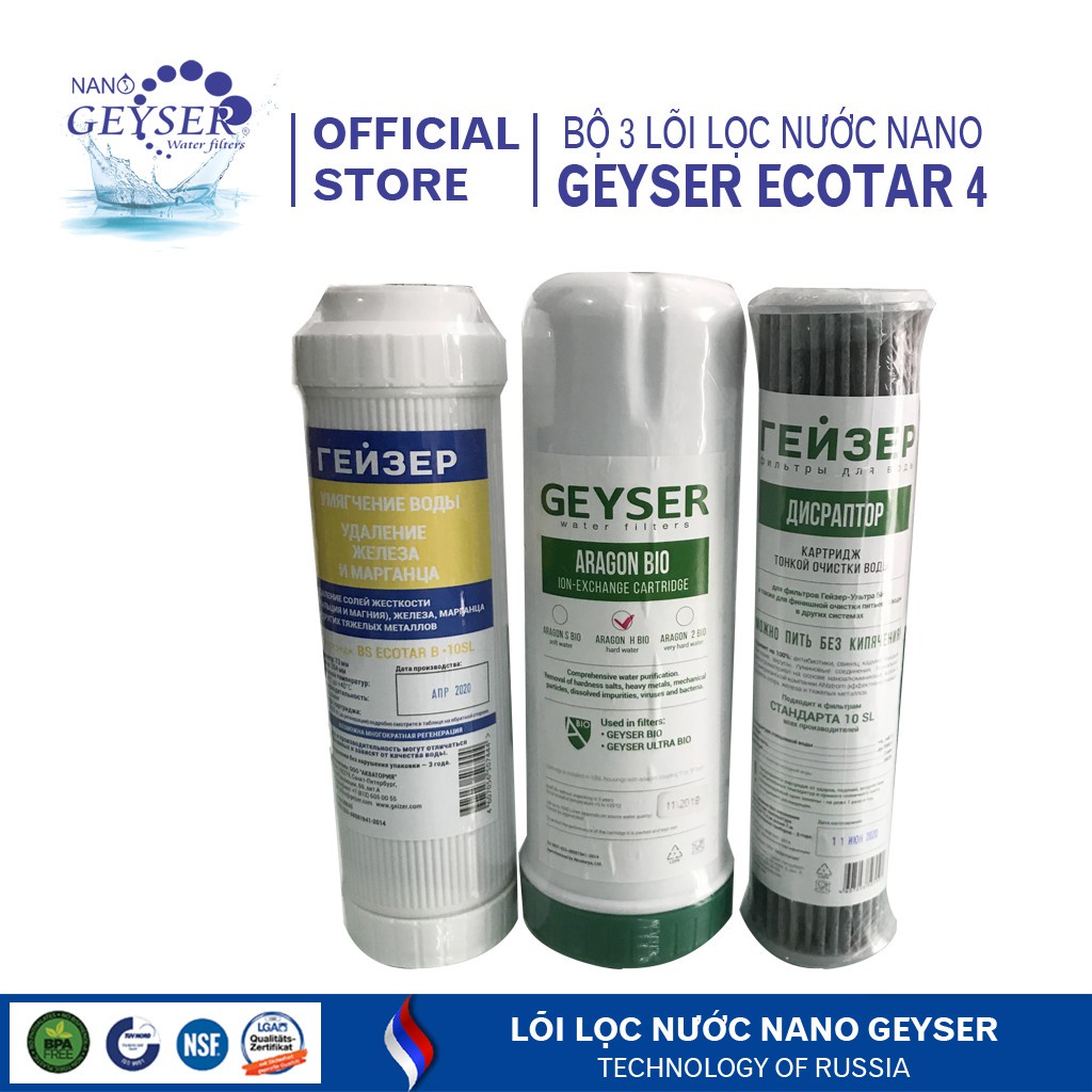 [Chính hãng-Thương hiệu Nga-Cao cấp-Lỗi đổi mới]  Bộ 3 lõi lọc nước Nano Geyser Ecotar 4 nhập khẩu N