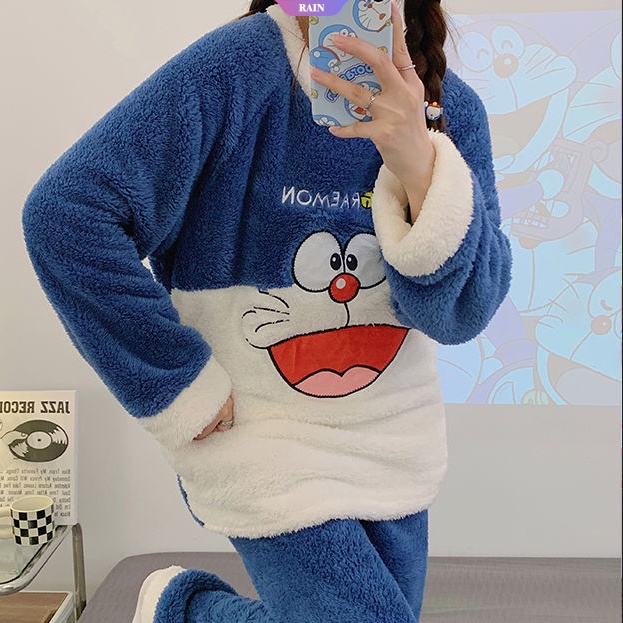 Bộ Đồ Ngủ Lông Cừu San Hô Dày Dặn Ấm Áp Thêu Hình doraemon Cho Nữ
