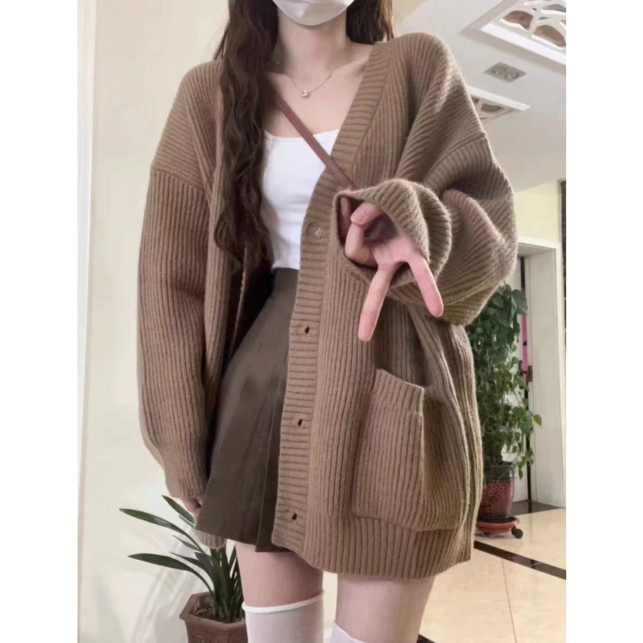 Suxi Mùa Thu Phong Cách Hàn Quốc Mới Đơn Giản Cổ Chữ V Dài Tay Áo Len Nữ Dệt Kim Cardigan