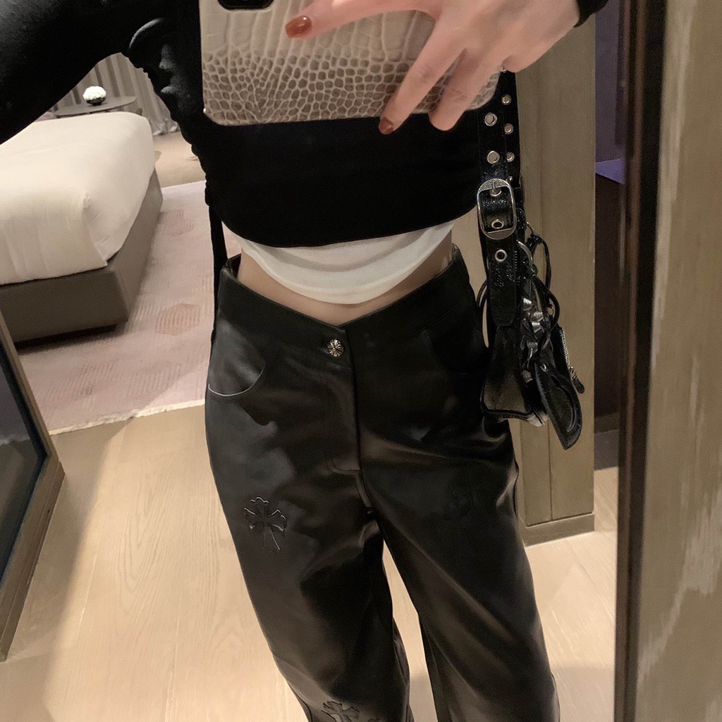 3ENV Chrome Hearts 23 autumn and winter new leather embroidery logo decorative design casual low waist leather pants women's fashion straight pants Women's