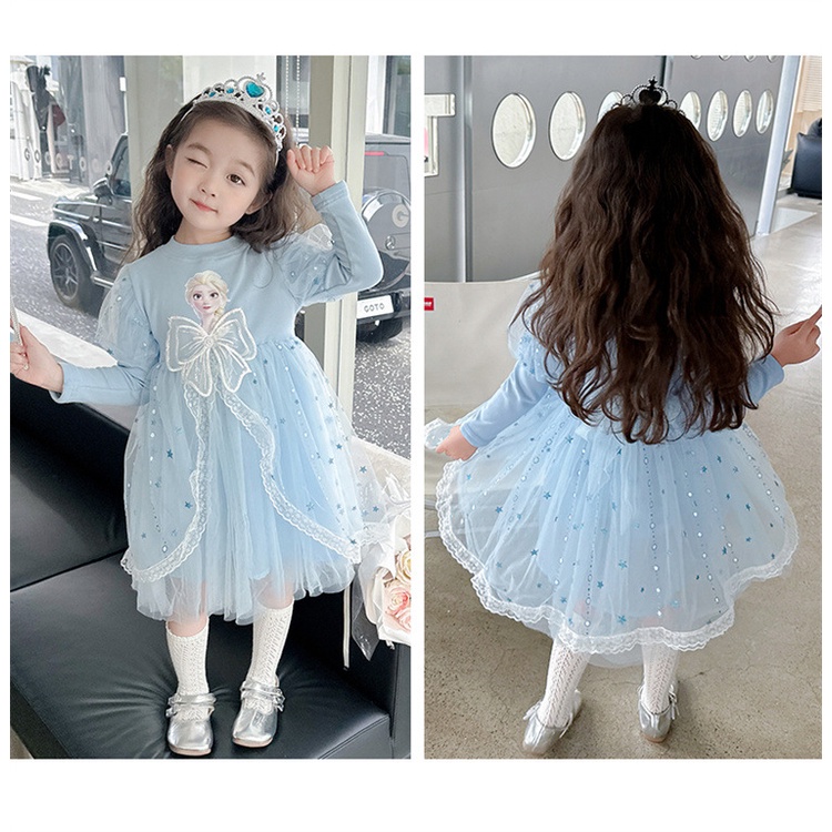 Đồ Bé Gái,Đầm Công Chúa Elsa Tay Dài Phối Lưới Thời Trang Cho Bé Gái 2-8 Tuổi,Váy Bé Gái