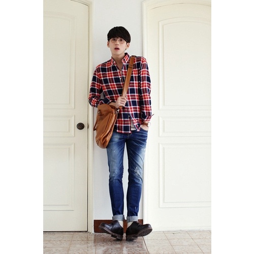 Combo áo sơ mi kẻ caro phối quần jean năng động sozo somi 016 caro+jean 001