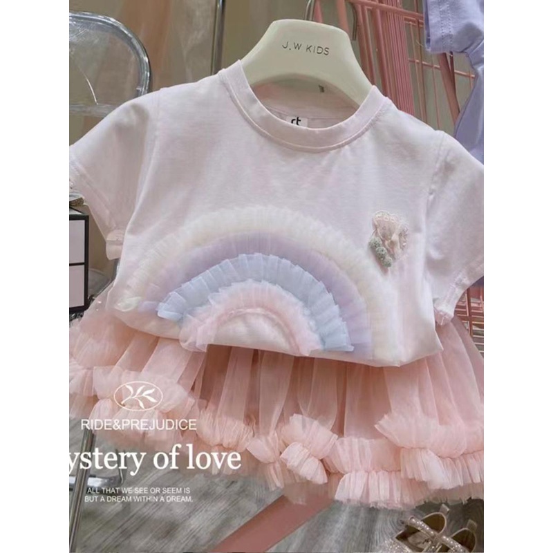 Áo Thun Lưới Tay Ngắn Màu Trơn Họa Tiết Cầu Vồng Ba Chiều Thời Trang Mùa Hè Dành Cho Bé Gái