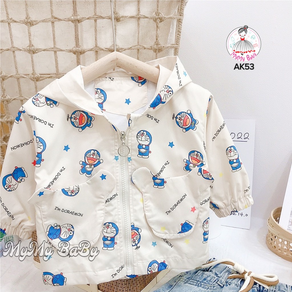 Áo khoác dù Doremon 2 túi phía trước, chun bo tay nhẹ nón tai gấu