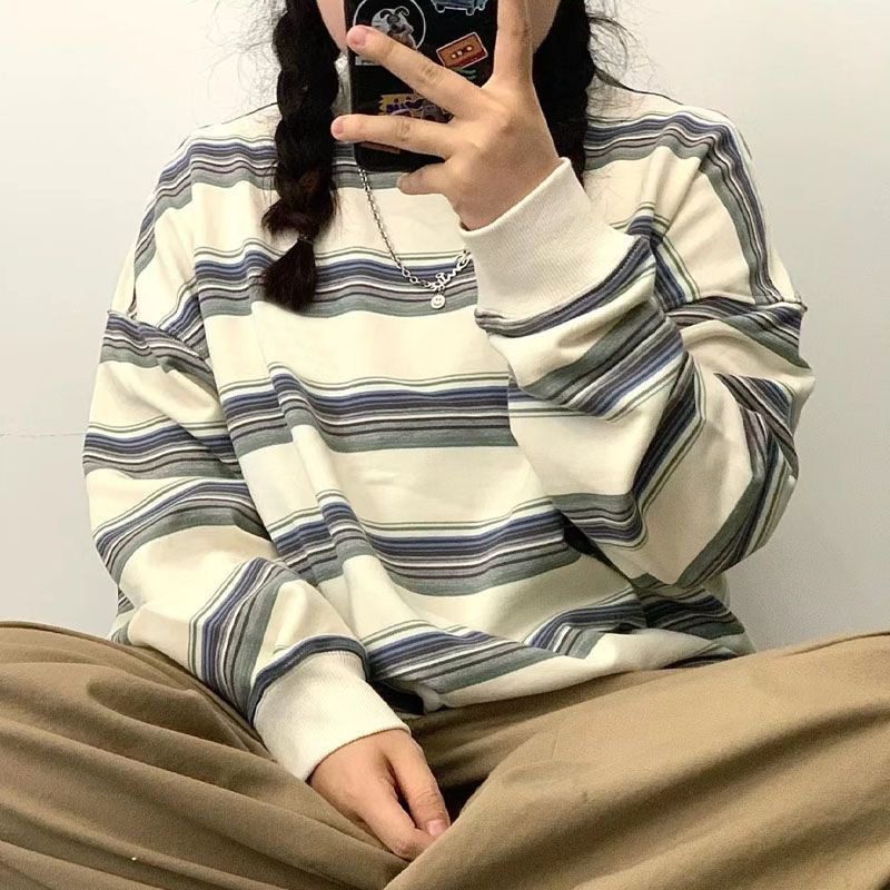 Cozok Áo Sweatshirt Kẻ Sọc Tay Dài oversize Phong Cách retro Thời Trang