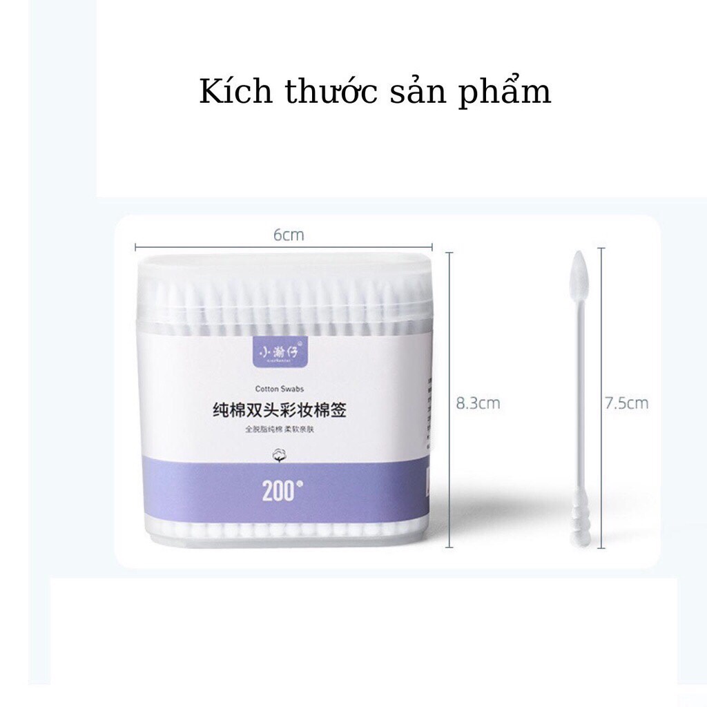 Hộp 200 tăm bông 2 đầu vệ sinh tai, mũi - kháng khuẩn, mềm mịn hhy