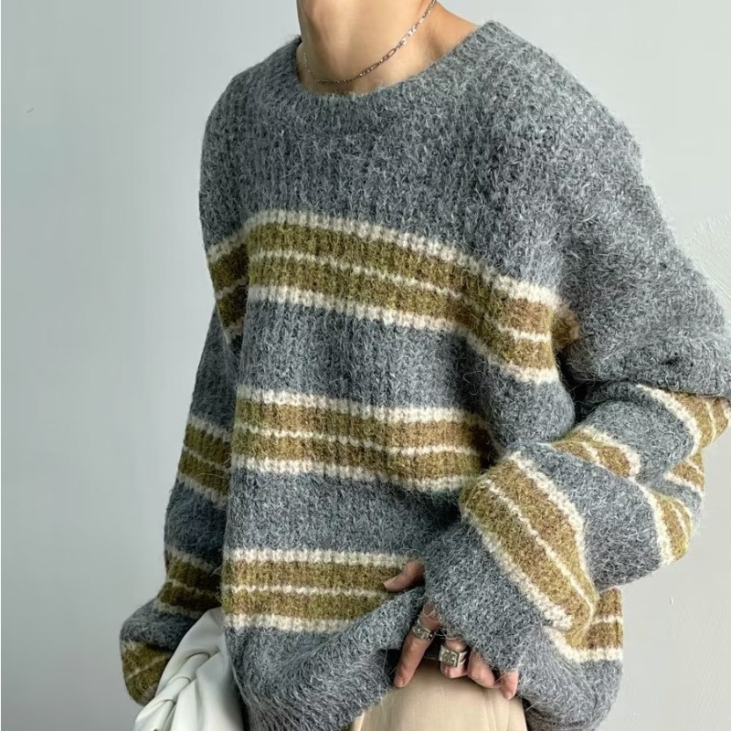 Áo sweater Dệt Kim Kẻ Sọc Màu Sắc Tương Phản Phong Cách Hàn Quốc Thời Trang Thu Đông Cao Cấp Cho Nam