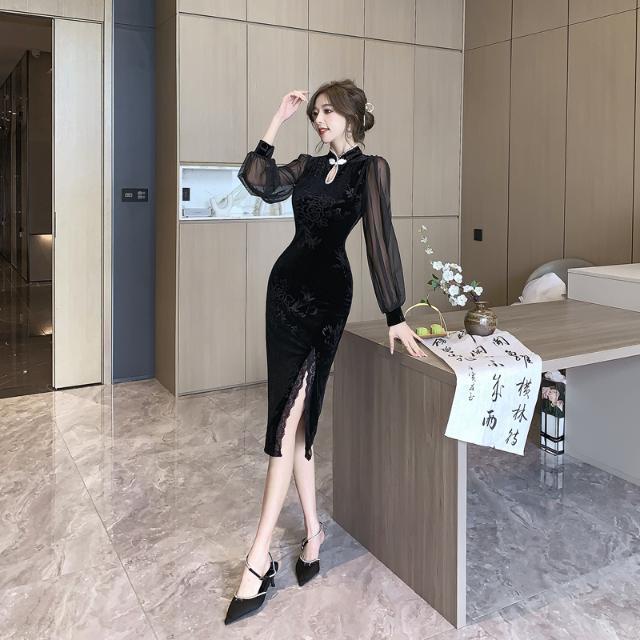 Sườn Xám Cách Tân Chất Nhung Cao Cấp Phong Cách retro Pháp 2023