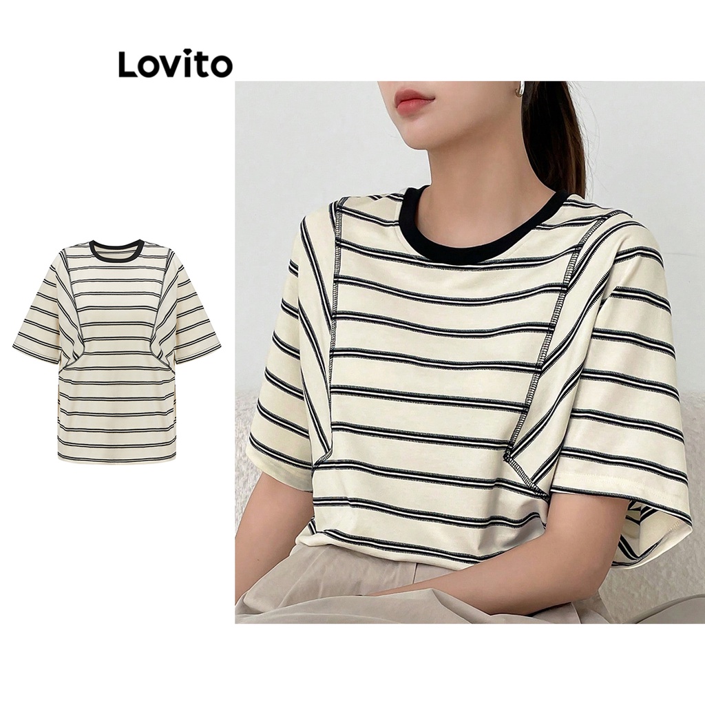 Áo thun sọc ngang nữ Lovito cơ bản đa năng kẻ thường ngày cho nữ L61AD125 (Màu trắng nhạt)