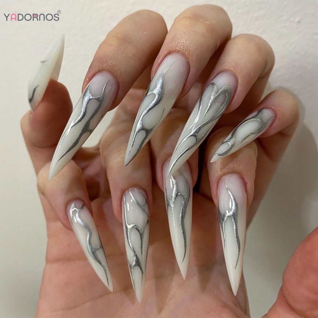 YADORNOS Móng Tay Giả Bằng Nhựa resin Siêu Dài Màu Bạc Lâu Phai