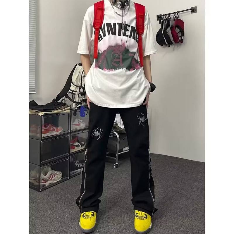 American High Street Spider Letter Embroidered Jeans Men's and Women's Slim Fit Slimming Zipper Straight Flared Trousers Men's Autumn 7fdA