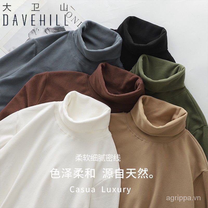 Áo Thun Tay Dài Cổ Cao Lót Lông Cừu Dày Màu Trơn Giữ Ấm Mùa Thu Đông Cho Nam