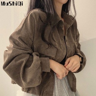 Mushiqi Áo Khoác Sơ Mi Nhung Kẻ Hai Túi Phong Cách retro Cho Nữ