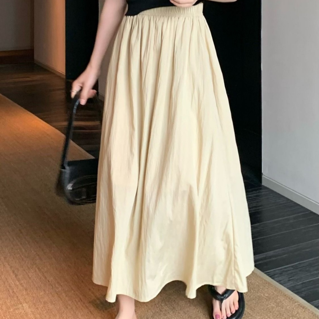 Phong Cách Mới Của Các Nàng Nếp Gấp Mùa Hè Váy Dài Vừa Phải Chân Váy Chữ A Lưng Cao