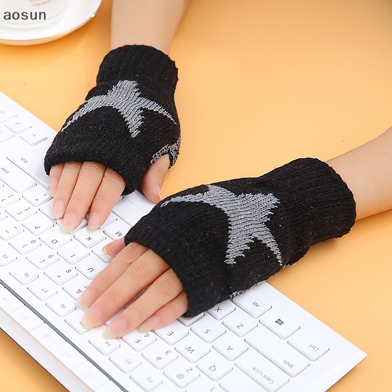 Aosun Găng Tay Len Hở Ngón Hình Ngôi Sao Năm Cánh Mềm Mại Ấm Áp Cho Nam Nữ