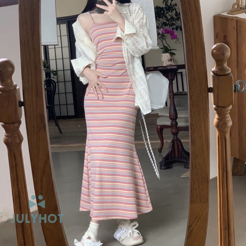 Đầm Không Tay Kẻ Sọc Màu Tương Phản Thanh Lịch Mùa Hè Cho Nữ vn