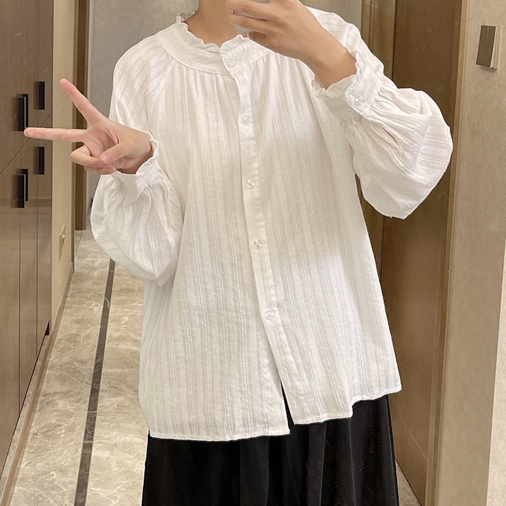 Áo Sơ Mi Trắng Cổ Đứng Dáng Rộng Phong Cách Nhật Bản Thời Trang Thu Đông