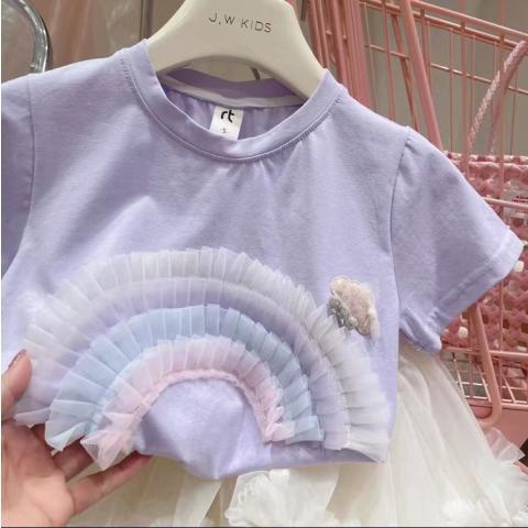 Áo Thun Lưới Tay Ngắn Màu Trơn Họa Tiết Cầu Vồng Ba Chiều Thời Trang Mùa Hè Dành Cho Bé Gái