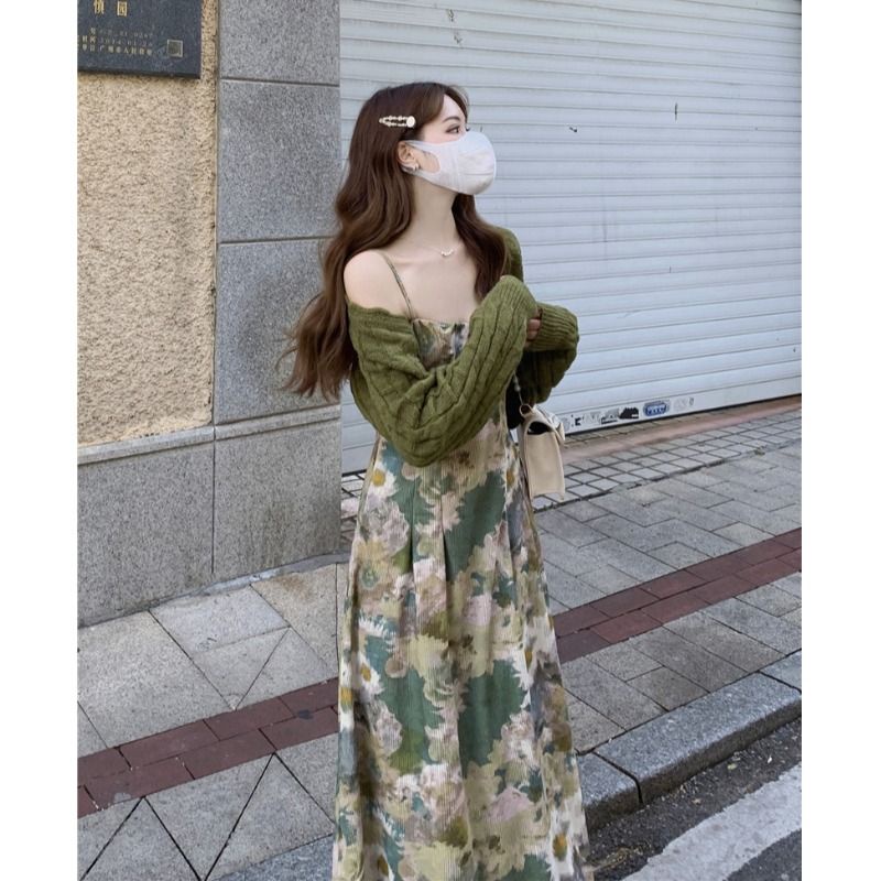 Bộ Áo Khoác cardigan Phối Chân Váy Hai Dây In Hoa Thời Trang Mùa Thu Cho Nữ