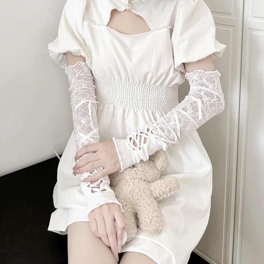 Găng Tay Lưới Hở Ngón Màu Đen Phong Cách lolita jk y2k
