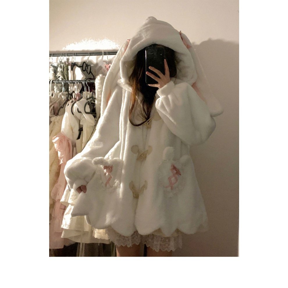 Áo Khoác Lông Cừu Dày Dặn Hình Tai Thỏ Dễ Thương Thời Trang Mùa Đông Cho Nữ