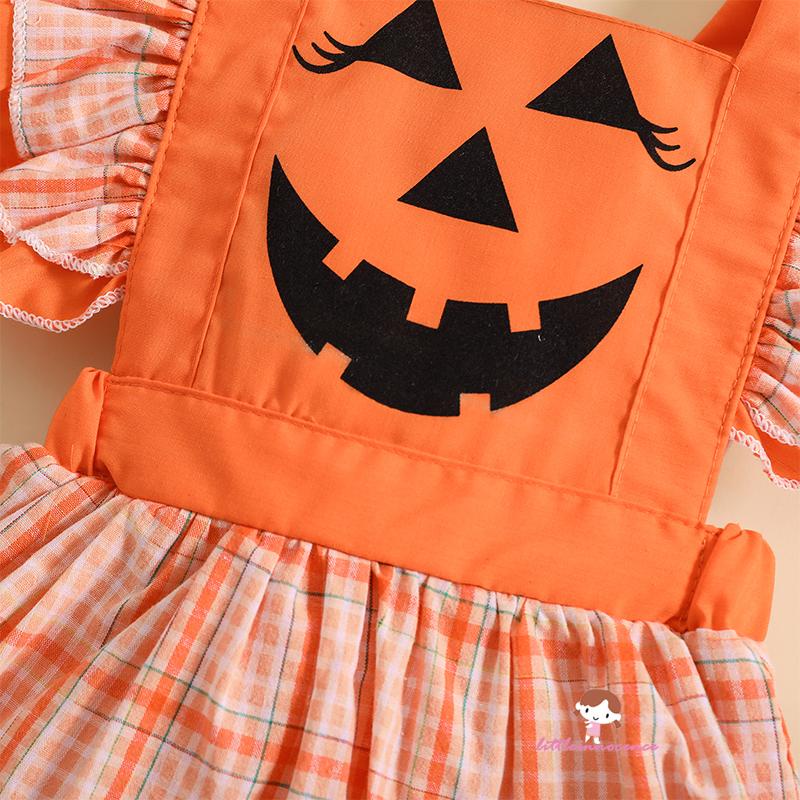 Bộ Đầm Liền Thân Tay Bèo Họa Tiết Bí Ngô Kèm Băng Đô Phong Cách halloween Cho Bé Gái