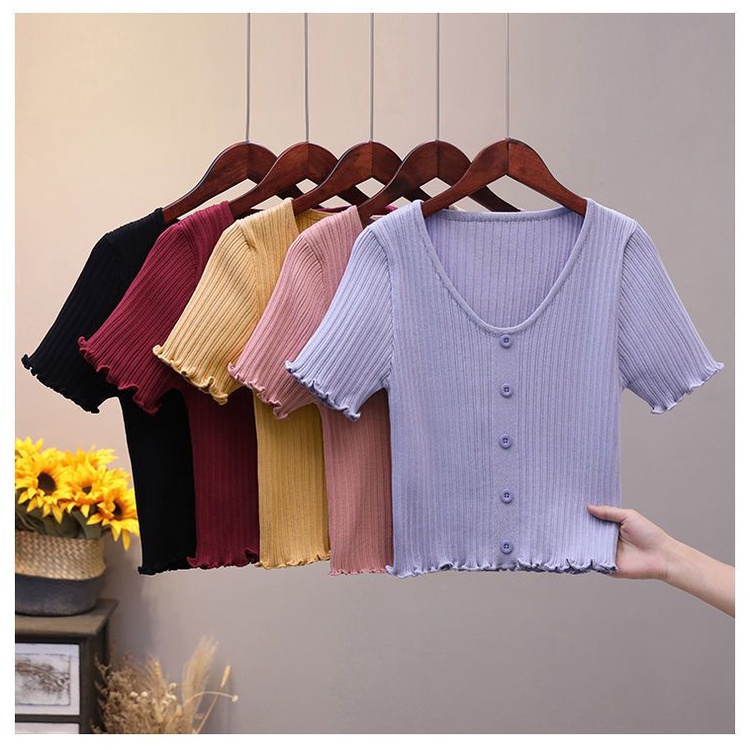Áo Thun Ngắn Tay Cổ Chữ v Màu Trơn Phong Cách retro Thời Trang Mùa Hè Mới Dành Cho Nữ