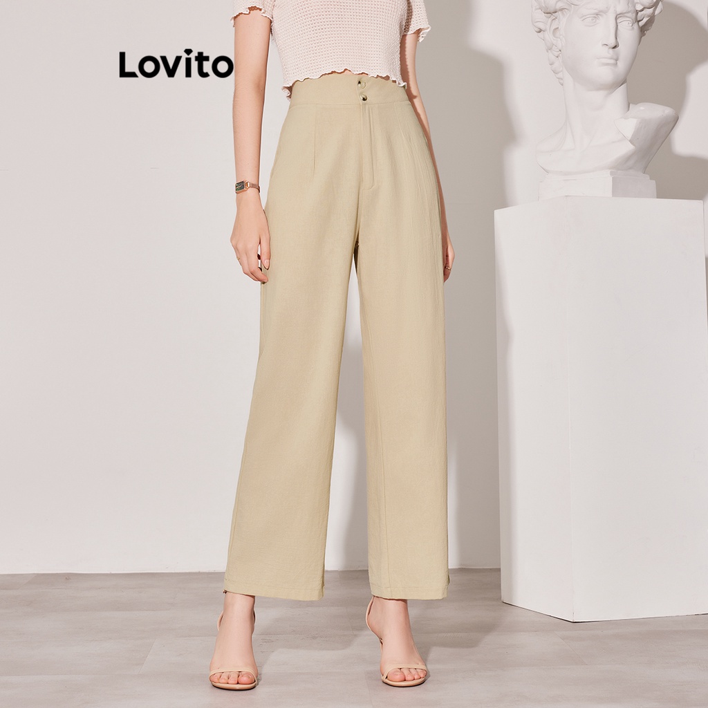 Quần tây Lovito phối nút màu trơn thời trang cho nữ L59ED094