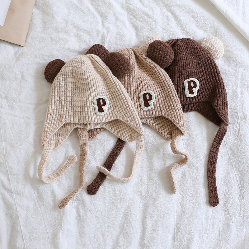 Mũ Len Dệt Kim Trùm Tai Gấu Siêu Dễ Thương Chống Gió Thời Trang Thu Đông Cho Bé