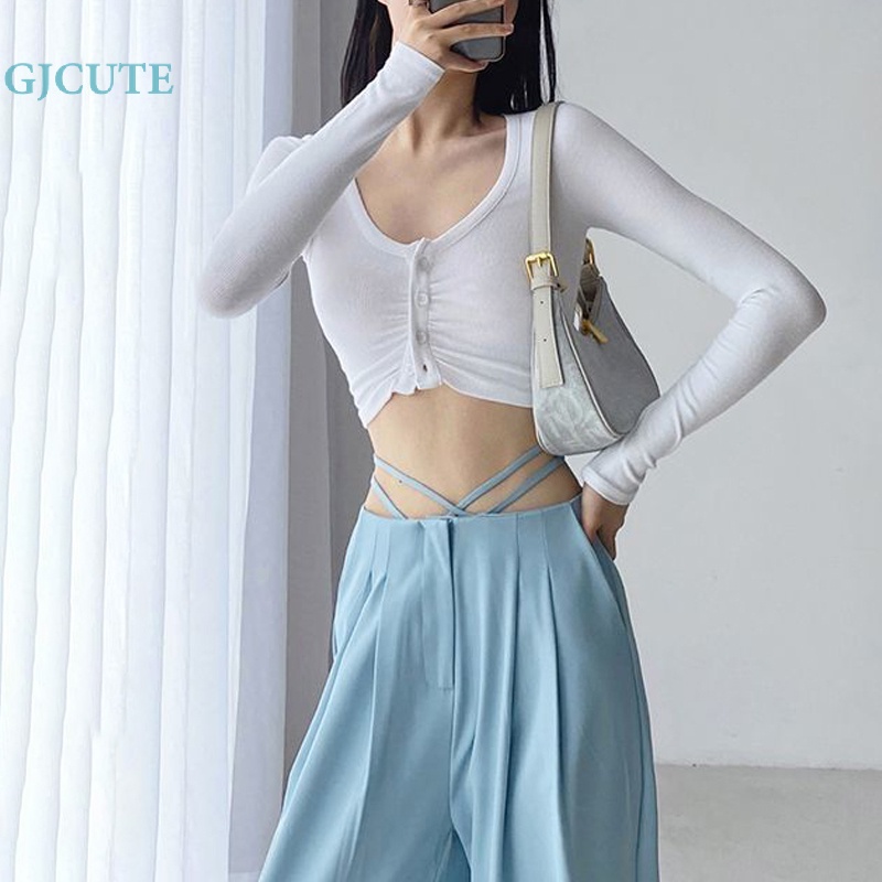 Áo Croptop Tay Dài Màu Trơn Dáng Ôm Cài Nút Thời Trang Mùa Thu Quyến Rũ Cho Nữ