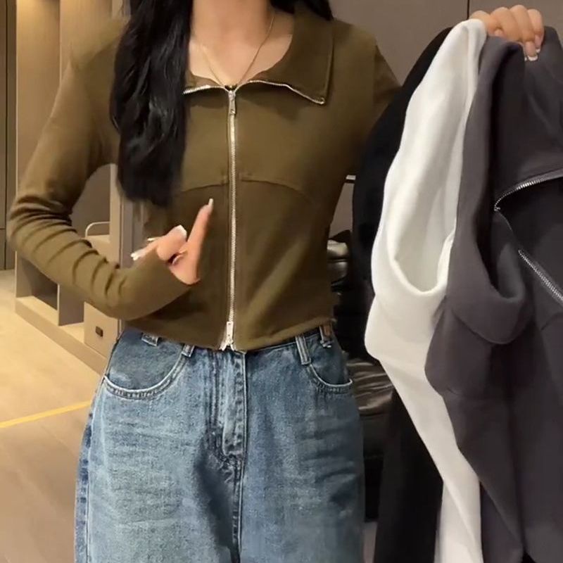 Áo Thun polo Tay Dài Dáng Ôm Màu Trơn Có Khóa Kéo Thời Trang Mùa Thu Phong Cách Hàn Quốc 2022 Mới