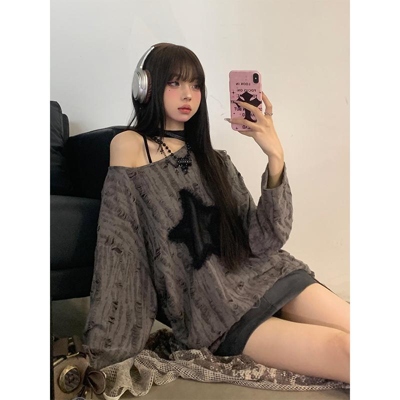 Áo Thun Tay Dài Dáng Rộng In Họa Tiết Ngôi Sao Rách Gối Phong Cách Âu Mỹ Thời Trang Mùa Thu Cho Nữ y2k