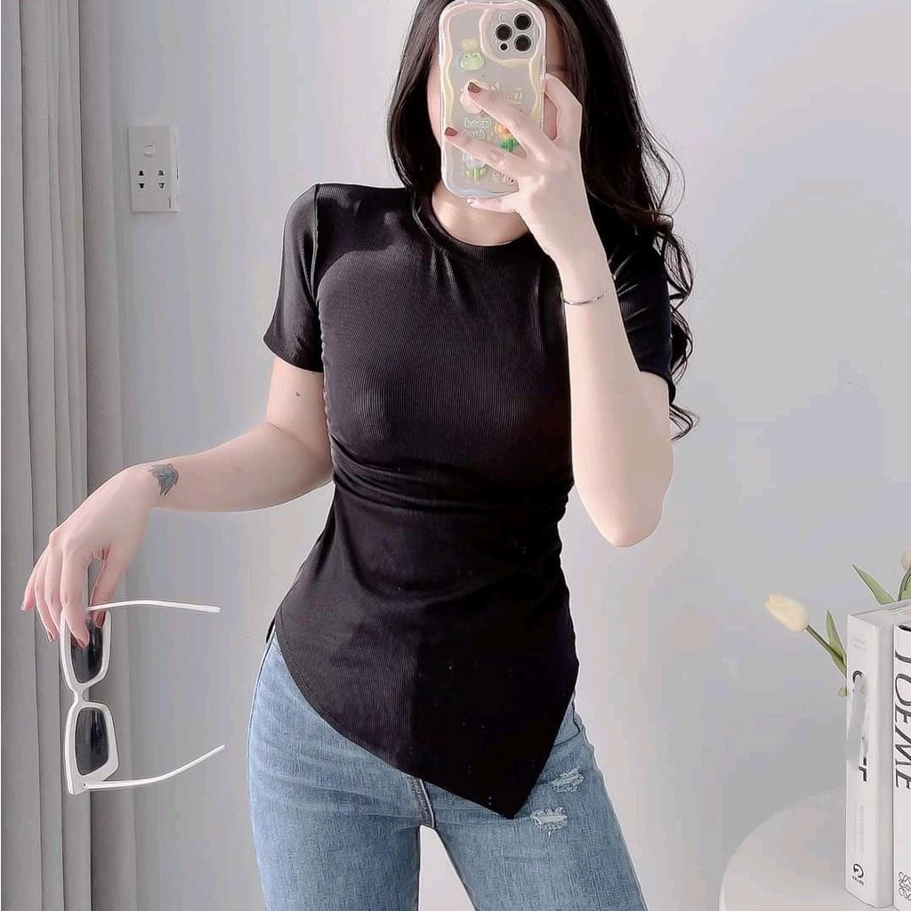 Áo tay ngắn phom dài lai nhọn