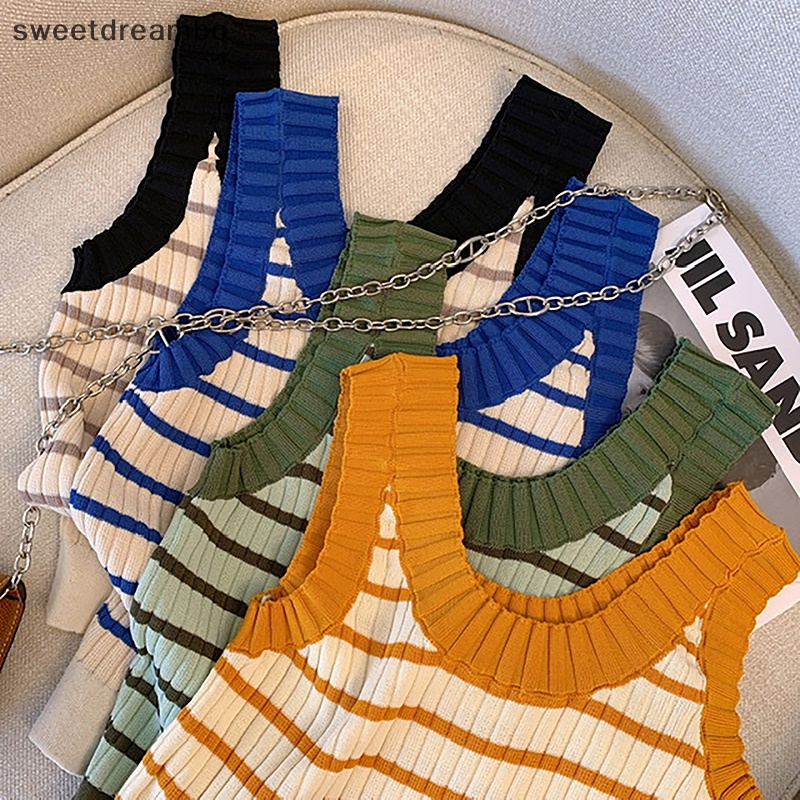 Áo Dệt Kim Sát Nách Cổ Tròn Họa Tiết Kẻ Sọc Màu Tương Phản Thời Trang Mùa Hè Cho Nữ