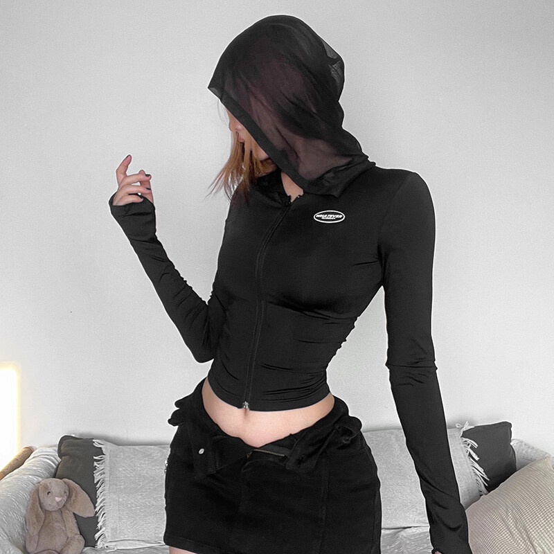 Áo Khoác Tay Dài Có Nón Khóa Kéo In Chữ Phong Cách hip hop Đường Phố y2k Cho Nữ