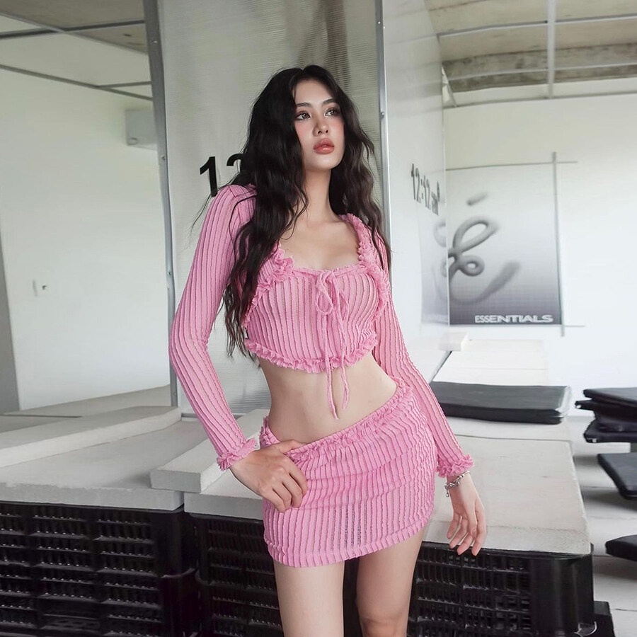 Bộ Áo Croptop Tay Dài Phối Bèo + Chân Váy Ngắn Lưng Cao Dáng Ôm Thời Trang Quyến Rũ Cho Nữ