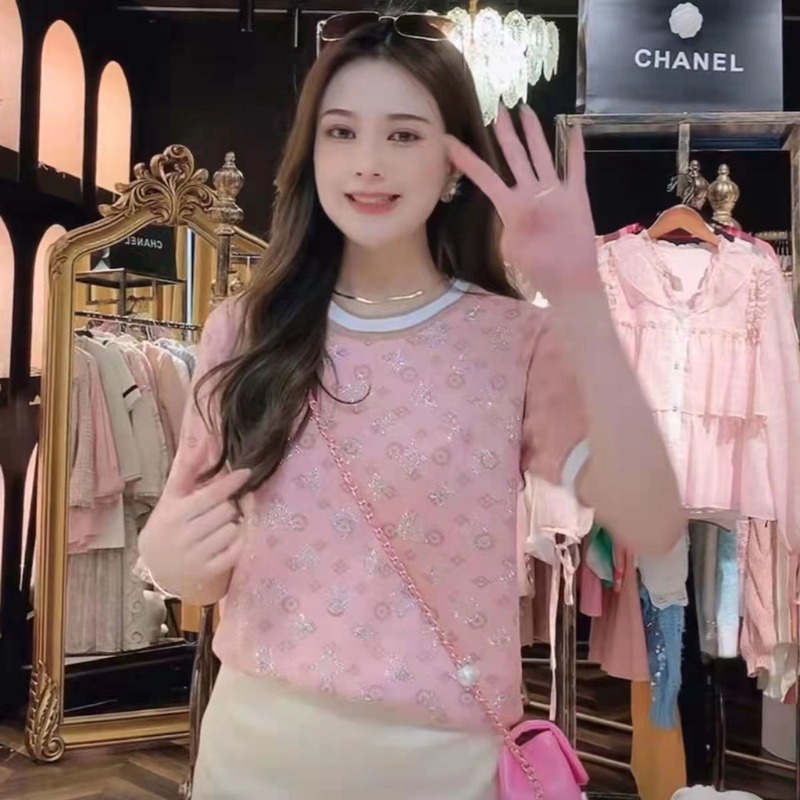 Áo Thun Dệt Kim Tay Ngắn Cổ Tròn In Chữ Đính Đá Thời Trang Xuân Hè Phong Cách vintage Cho Nữ
