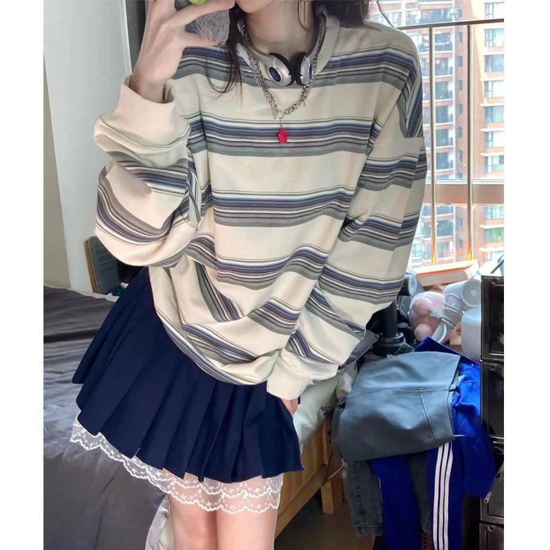 Cozok Áo Sweatshirt Kẻ Sọc Tay Dài oversize Phong Cách retro Thời Trang