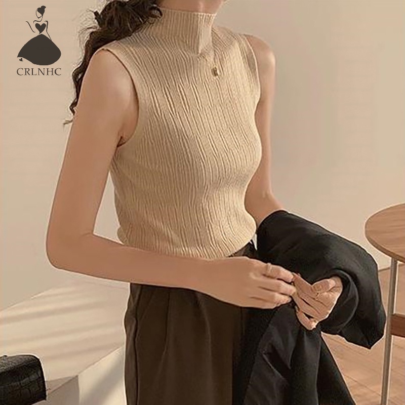 Áo Dệt Kim Sát Nách Cổ Lọ Màu Trơn Thời Trang Mùa Hè Cho Nữ vn