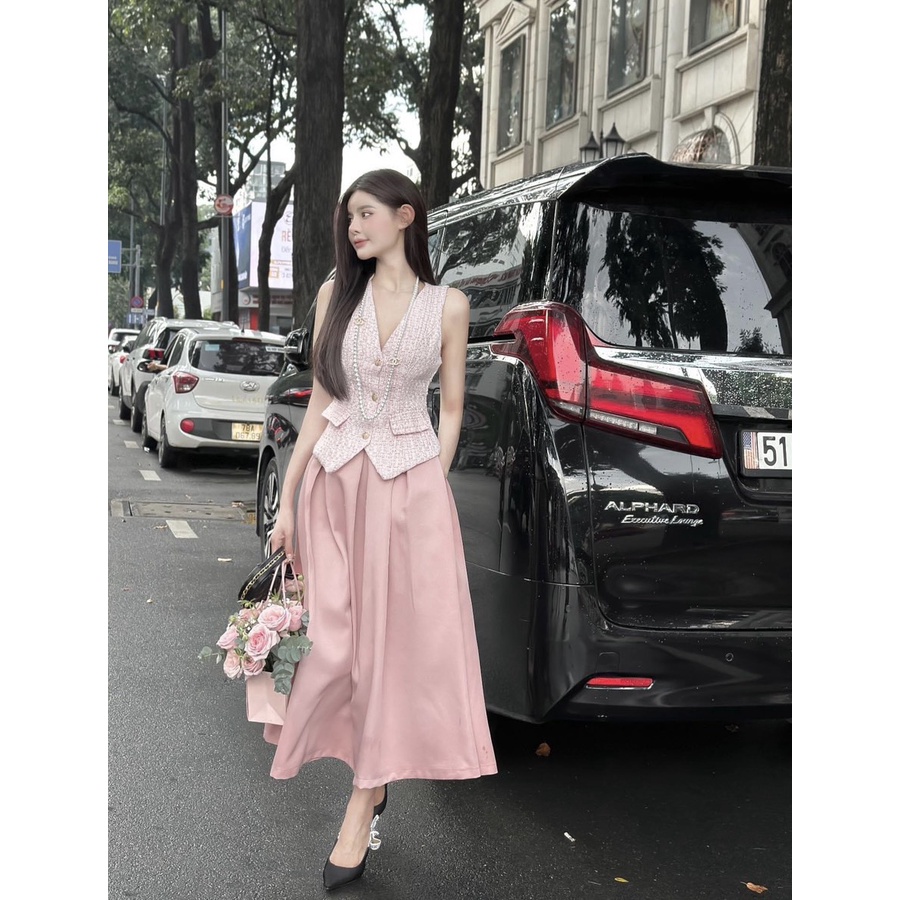 Set áo dạ peplum 2 túi +chân váy midi