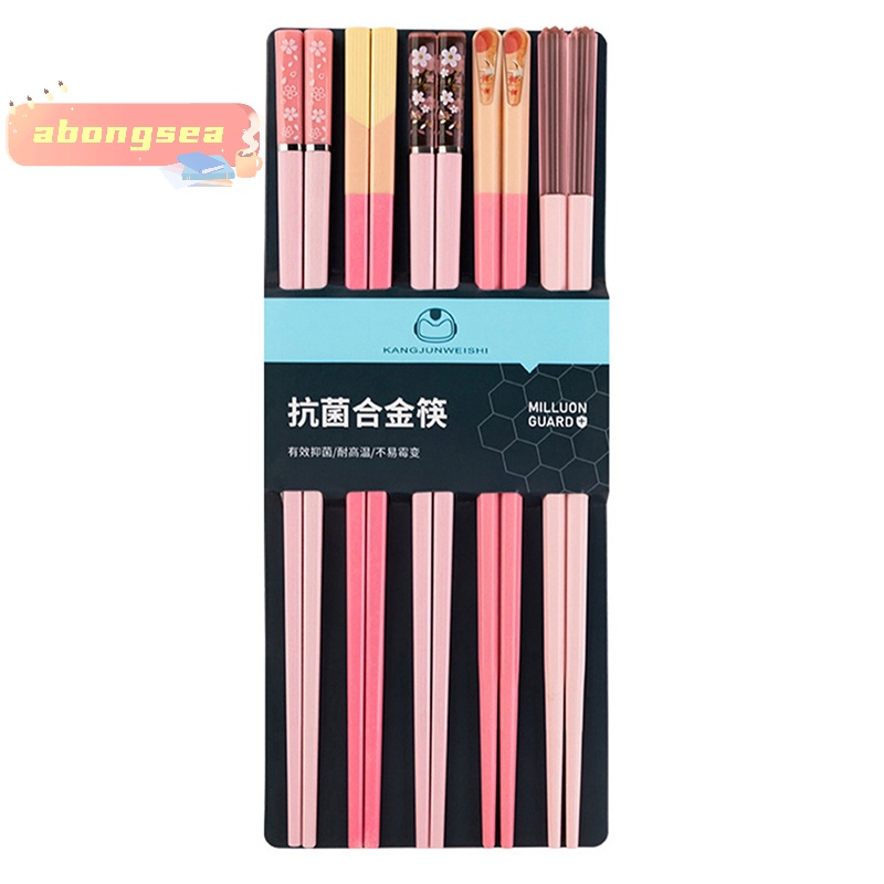 Abongsea Bộ 5 Đôi Đũa Hợp Kim Ăn Uống Năm Màu Có Thể Tái Sử Dụng