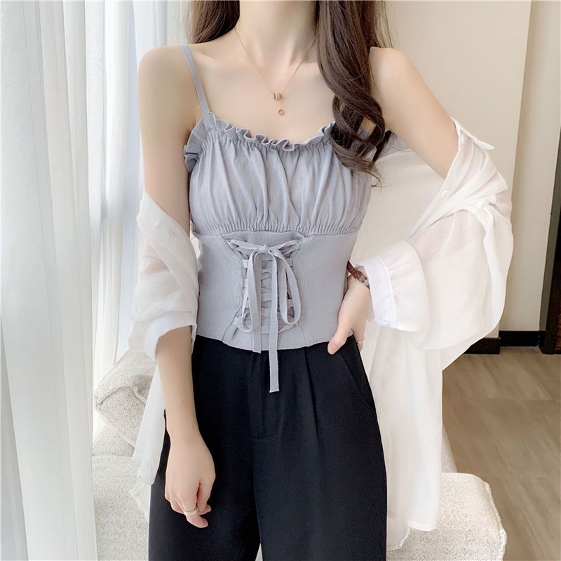 Áo Hai Dây Dệt Kim Thời Trang Xuân Thu Đơn Giản Cho Nữ