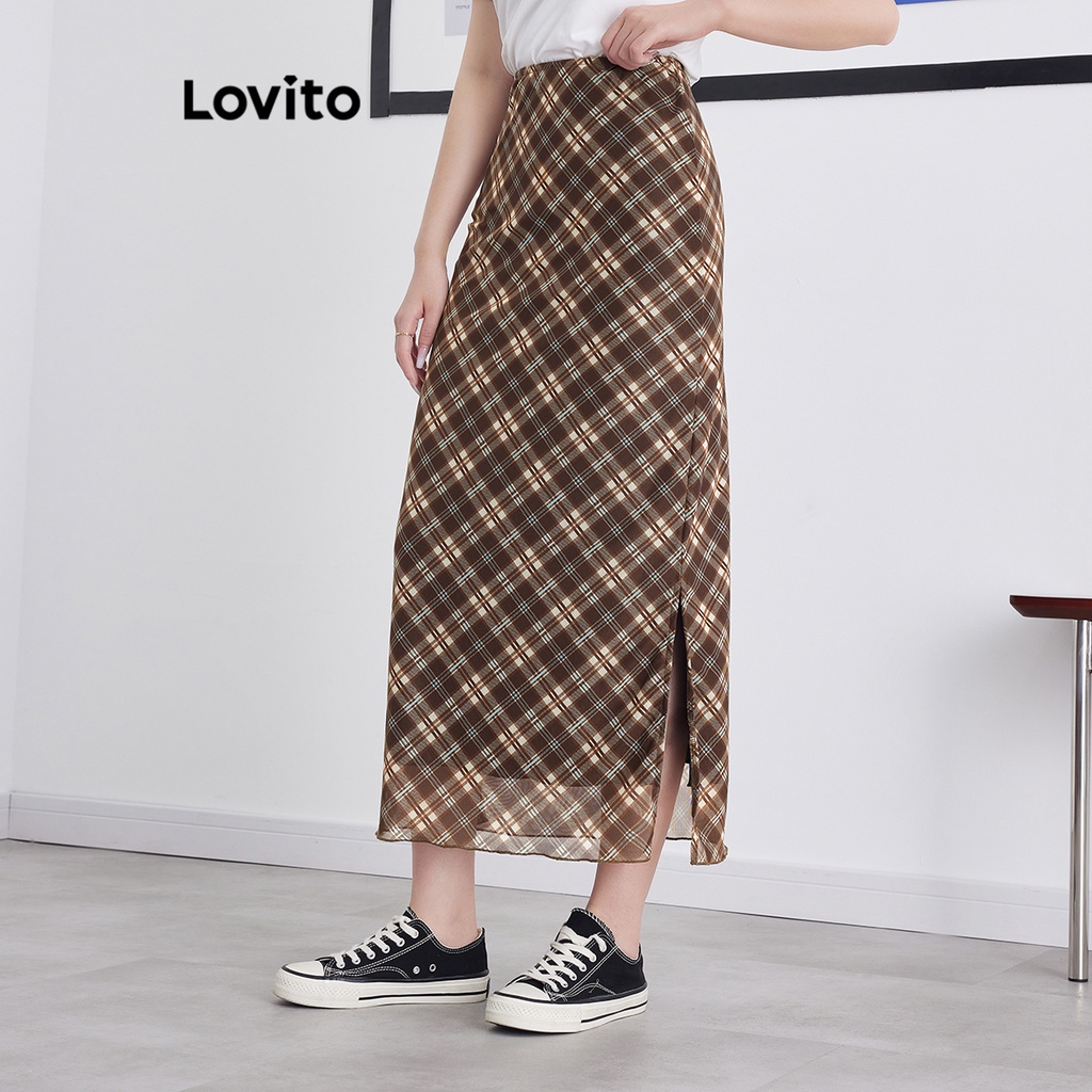 Chân váy xòe Lovito 2 lớp họa tiết kẻ sọc phong cách preppy cho nữ L58AD073