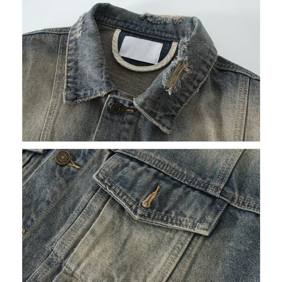 2023 New Áo khoác jean nam màu bò xanh cào xước phong cách cổ điển sành điệu áo khoác tay dài dáng rộng thoải màu sắc đơn giản thoải mái